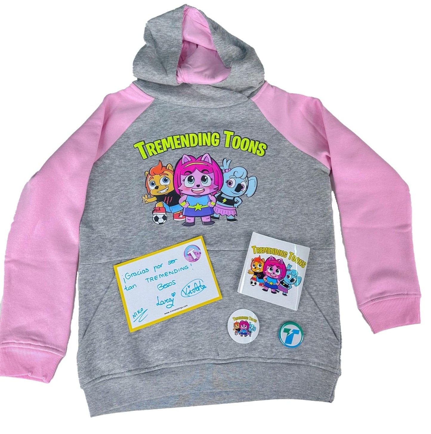TREMENDING TOONS Sudadera Chapa, Pegatina y Tarjeta firmada por Lara, Niko y Violeta