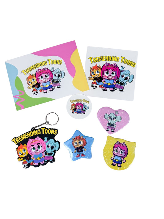 Pack broches, llavero, postal firmada y pegatinas